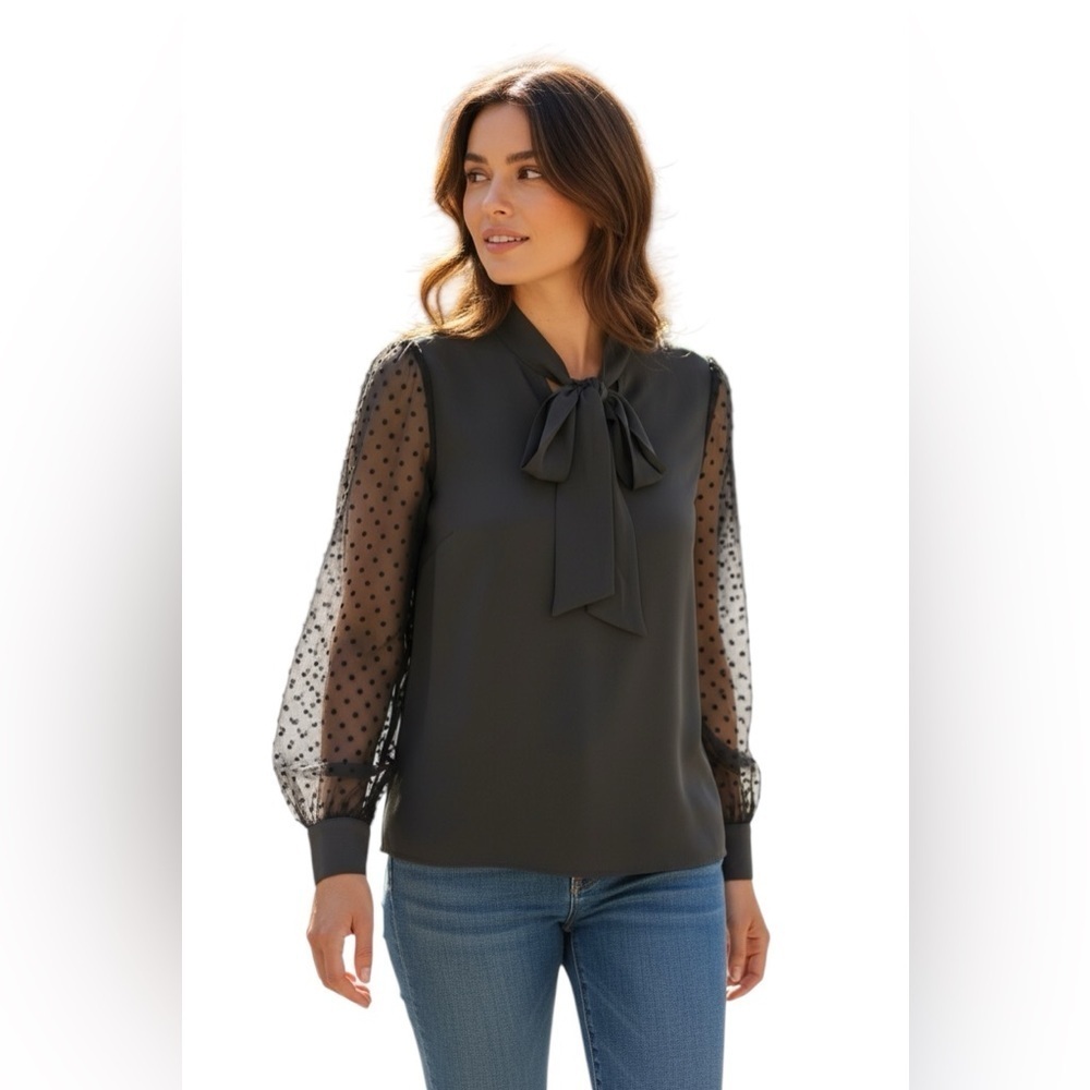Kate Kasin XXL Bow Tie Blouse Black Mesh Polka Dot Sleeves NWT